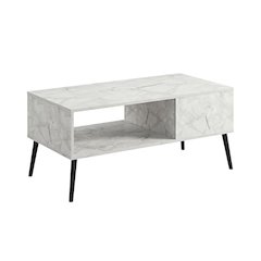 White marble TV stand for 40-inch screens with wood legs and mid-century design