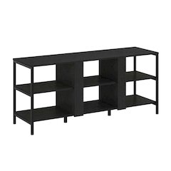 Modern black TV stand with open shelves for entertainment centers