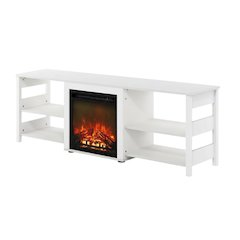 White Emboss TV Stand with Fireplace and Wooden Finish