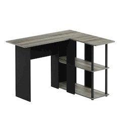 L-Shape Desk with Bookshelf, French Oak Grey/Black, Modern Computer Workstation