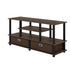 Wood TV stand for up to 50-inch with storage bin in dark brown and black finish