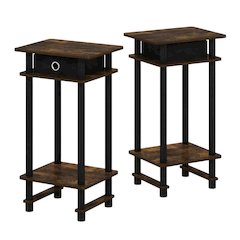 Amber Pine and Black Finish Tall End Tables with Storage Bins, Set of 2