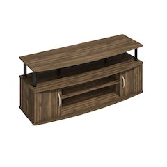Large entertainment center in brown walnut and black finish with ample storage