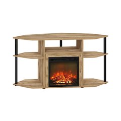 Black open storage corner fireplace TV stand, spacious shelves, 55-inch screens