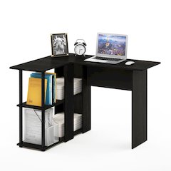 Black L Shaped Desk with Bookshelf and Storage Drawers for Office Use