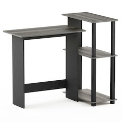 Grey Corner Office Desk with Storage Bookshelf for Writing and Study