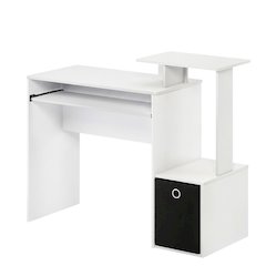 White, Black multipurpose computer desk with storage bin, home office workspace