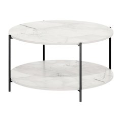 Light Marble 2-Tier Round Coffee Table with Storage Shelf and Metal Legs