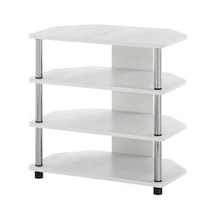 Wooden TV stand, modern white oak, chrome accents, living room furniture