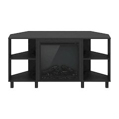 Brown electric fireplace corner TV stand with storage and media center features