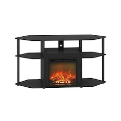 Brown open storage corner fireplace TV stand, 55-inch TVs, wood, veneer finish