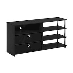 Wood TV stand for up to 55-inch with storage bins, stainless steel accents