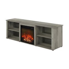Wood TV stand with fireplace in French Oak Grey for modern living