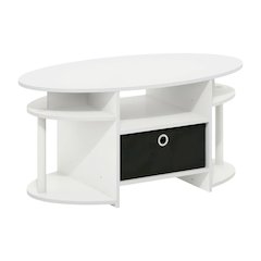 White Oval Coffee Table with Storage Bin and Modern Minimalist Design