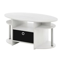 White Oak Oval Coffee Table with Storage Bin and Stainless Steel Tubes