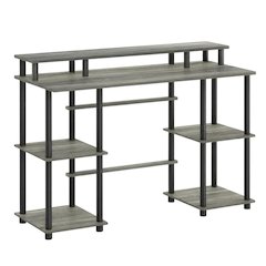 Grey Computer Desk With Top Shelf And Sleek Modern Design For Home Office Use