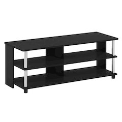 Wooden TV stand in Americano finish with stainless steel tubes, 3-tier design