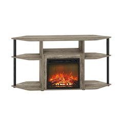 Gray open storage corner fireplace TV stand, 55-inch screens, wood veneer finish