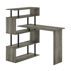 L-Shaped Computer Desk - 5-Tiers, French Oak, Black finish, sturdy workspace