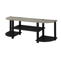 Wide TV entertainment center in French Oak Grey, black, wood, PVC tubes