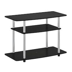 Wood TV stand in Americano, Chrome finish, three-tier shelving, media storage