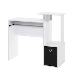 White gaming desk with keyboard tray, side shelves,, storage bin for home office