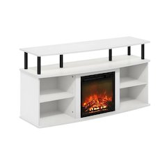 White open shelving, fireplace entertainment center, 55-inch TVs, rubberwood