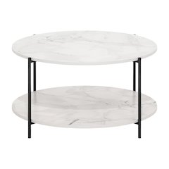 Round Marble White 2-Tier Coffee Table with Sturdy Metal Legs and Storage Space