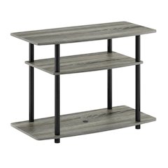 Wooden TV stand with French Oak Grey and Black finish, 3-Tier, No Tools Assembly