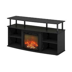 Brown open shelving entertainment center, ample TV storage, up to 55 inches