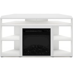 White TV Stand with Fireplace Insert and Six Open Shelves for 55 Inch Displays