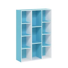Reversible Open Shelf Bookcase in White and Light Blue with Wood Construction