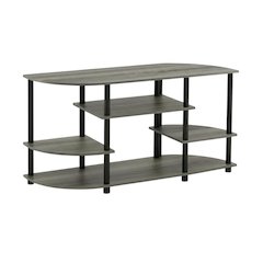 Corner TV stand in French Oak Grey/Black, durable composite wood, plastic