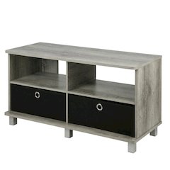 Gray/Black entertainment center with bin drawers and modern design