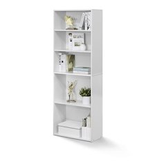 White Wooden Book Shelf with Five Tiers of Wooden Shelves for Home Storage