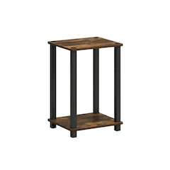 Wooden nightstand in amber pine finish with sleek black accents, compact design