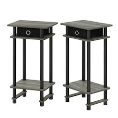 French Oak Grey and Black End Table Set with Storage Bins, Modern Style