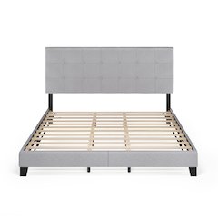 California King Bed Frame with Button Tufted Upholstered Headboard, Light Grey