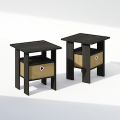 Tidur Bedside Table Nightstand with Bin Drawer, Espresso/Brown, Set of 2