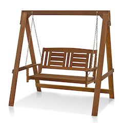 Tioman Hardwood Hanging Porch Swing with Stand in Teak Oil, Light Wood