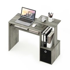Gaming Desk with Keyboard Tray, with Side Shelves and Storage Bin, Grey Oak