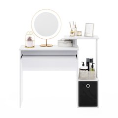 Gaming Desk with Keyboard Tray, with Side Shelves and Storage Bin, Plain White