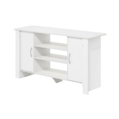 White TV Stand with Wood Finish and Storage Shelves