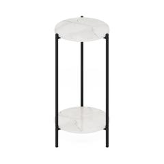Besi 2-Tier Modern Tall Round Side End Table, Marble White