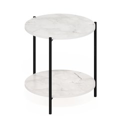 BESI Night Stand, 2-Tier Wide Round, Side Table, Marble White