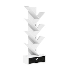 Tree Bookshelf 7-Tier Floor Standing Tree Bookcase with Bin Drawer, White/Black