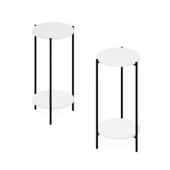 2-Tier Tall Round Side End Table with Sturdy Metal Legs, Set of 2, White/Black