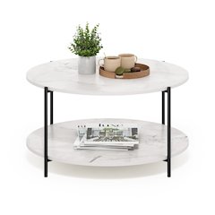 2-Tier Round Coffee Table Table with Sturdy Metal Legs, Marble White/Black