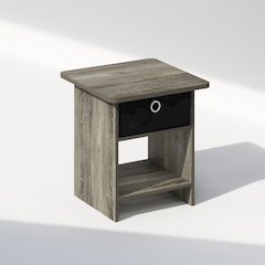 Tidur Nightstand, Bedside Table Storage Shelf with Bin Drawer, French Oak/Black