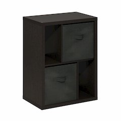 Viola Standing Storage Shelf with Two Storage Bins, Dark Oak/Black